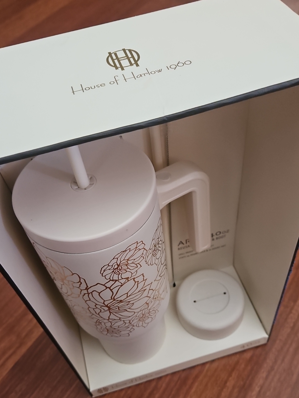 HOUSE OF HARLOW "ARLO" 40oz Stainless Tumbler Set W/ Boot Ivory Rose Gold Floral